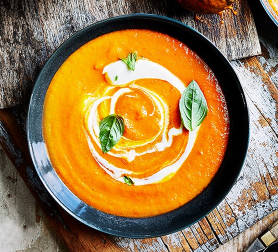 Tomato soup A bowl of tomato soup, with a swirl of creme fraiche