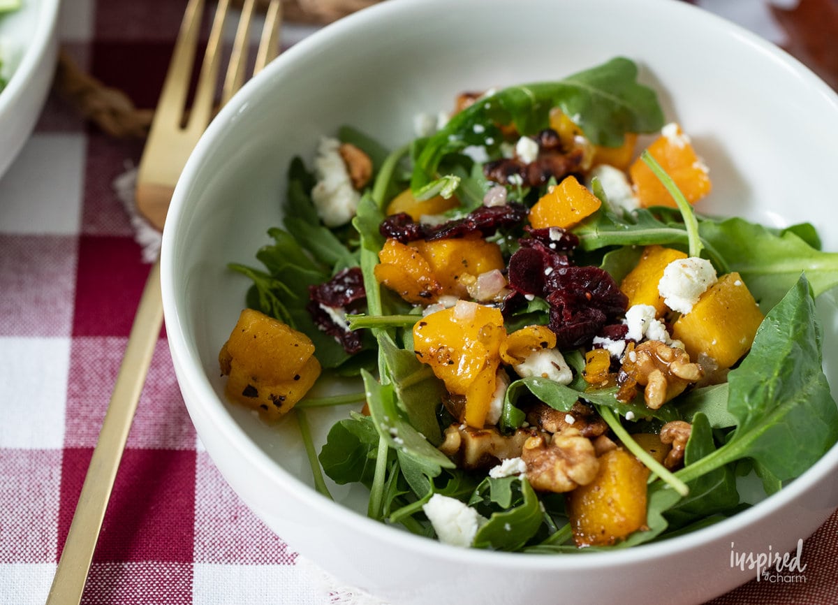Butternut Squash Fall Salad in a bowl with fork.