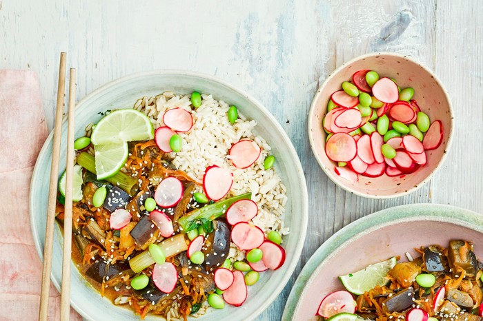 Healthy summer recipes Teriyaki Aubergine Bowls with Radishes and Chopsticks